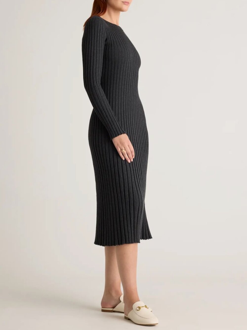 Quince Cotton Cashmere Ribbed Long Sleeve Crew Midi Dress NWT Size S Charcoal - Picture 3 of 15